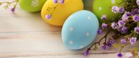 Beautiful coloured Easter eggs and spring flowers