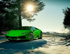 Wonderful raw green Lamborghini car in the snow