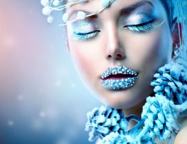 Blue winter make-up on a beautiful face - Big lips