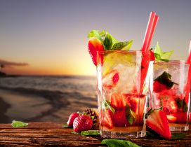 Delicious strawberry and mint cocktail at the beach