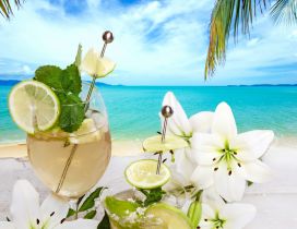 Lime and mint cocktail and white flowers - Happy summer day