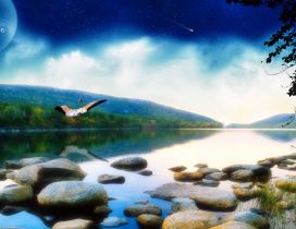 Abstract summer wallpaper - rocks in the river and big moon
