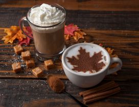 Autumn cinnamon leaf in a cup of hot coffee - Delicious time