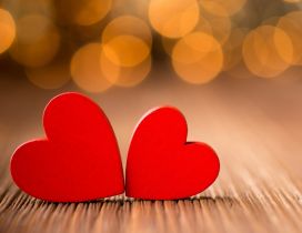 Soulmates - Two red wooden hearts - Happy Valentines Day