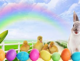 Wallpaper with bunny and coloured eggs - Easter spring