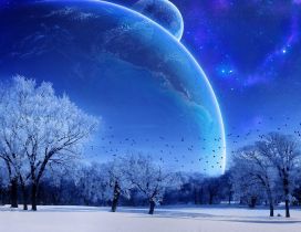 Big double moon on the blue sky - Winter season time