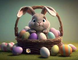 Fluffy little bunny with basket and Easter eggs