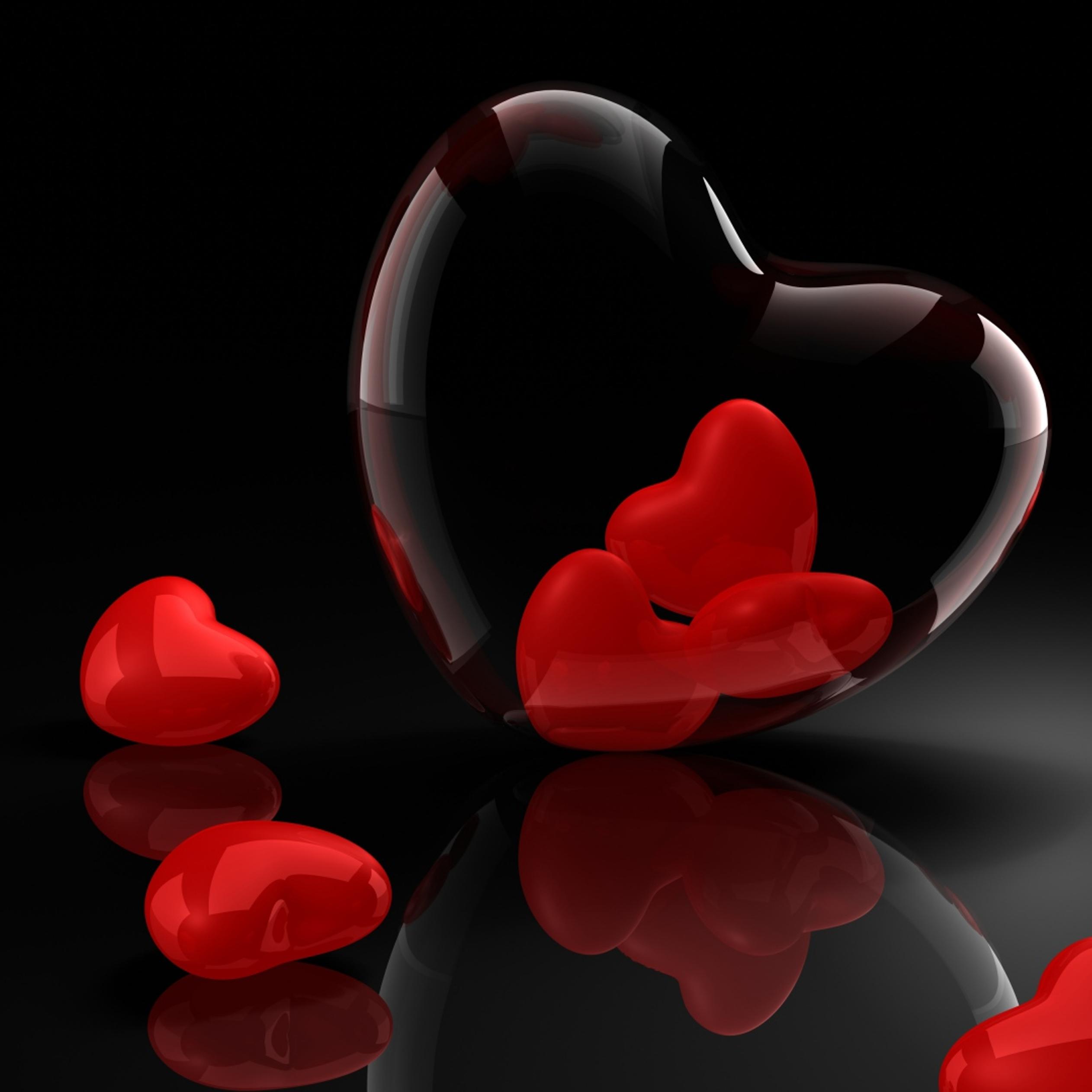 Many 3D red hearts on black background