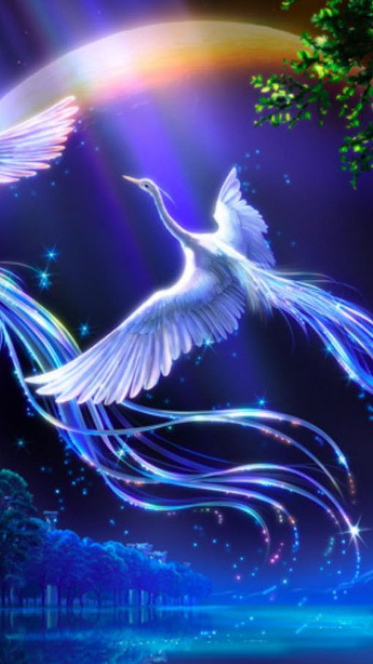 Two artistic white birds flying in the night