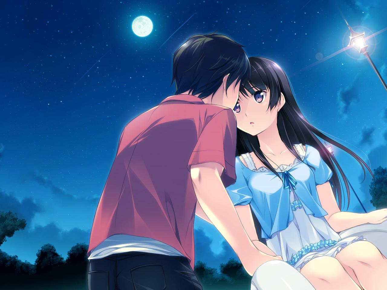 Anime couple during the night under the moonlight