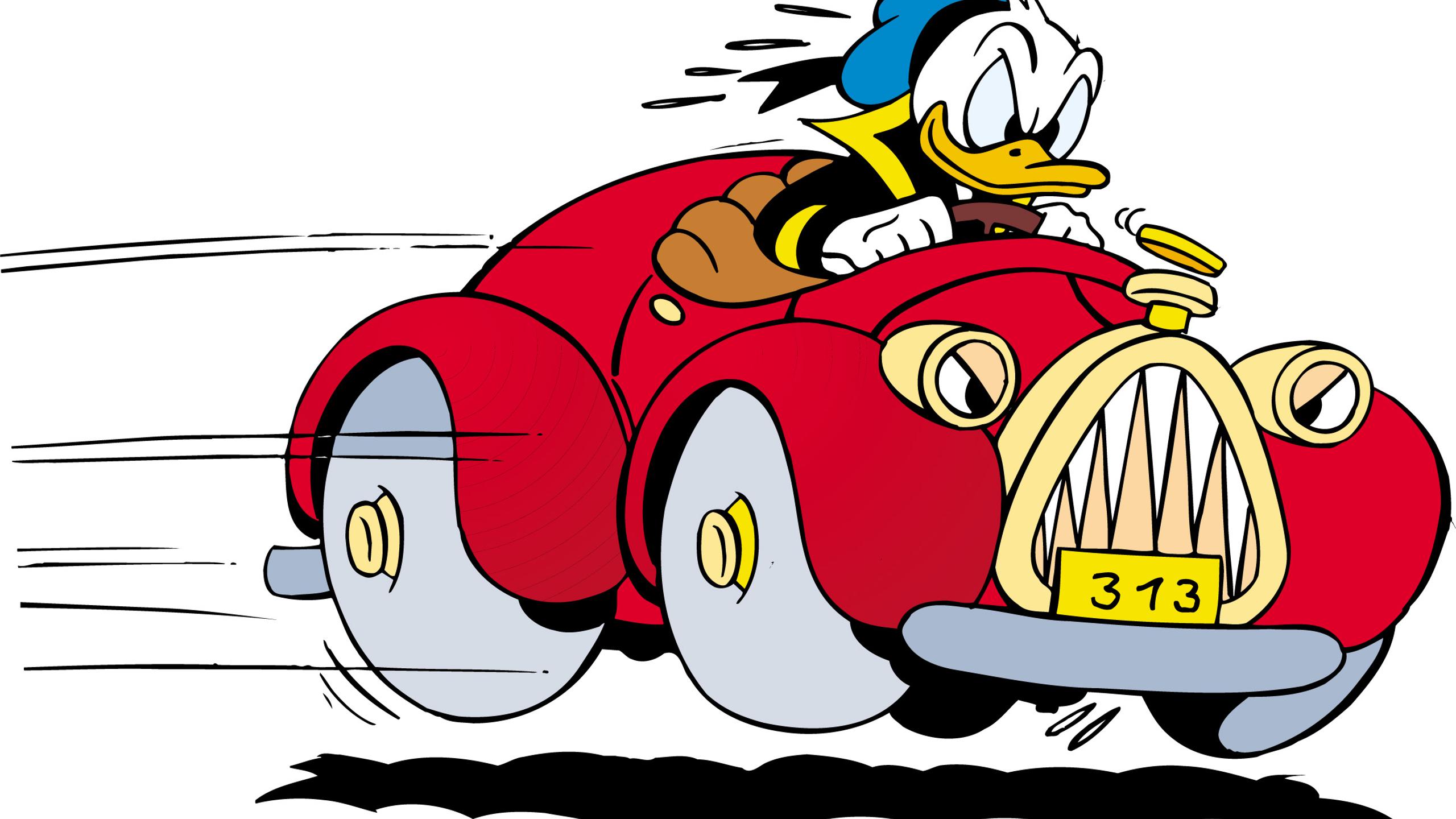 Donald Duck character drives speed a red car
