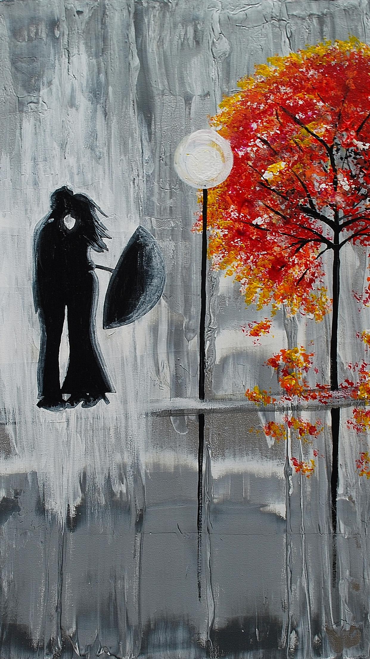 Beautiful grey painting - two lovers in the rain Wallpaper ...