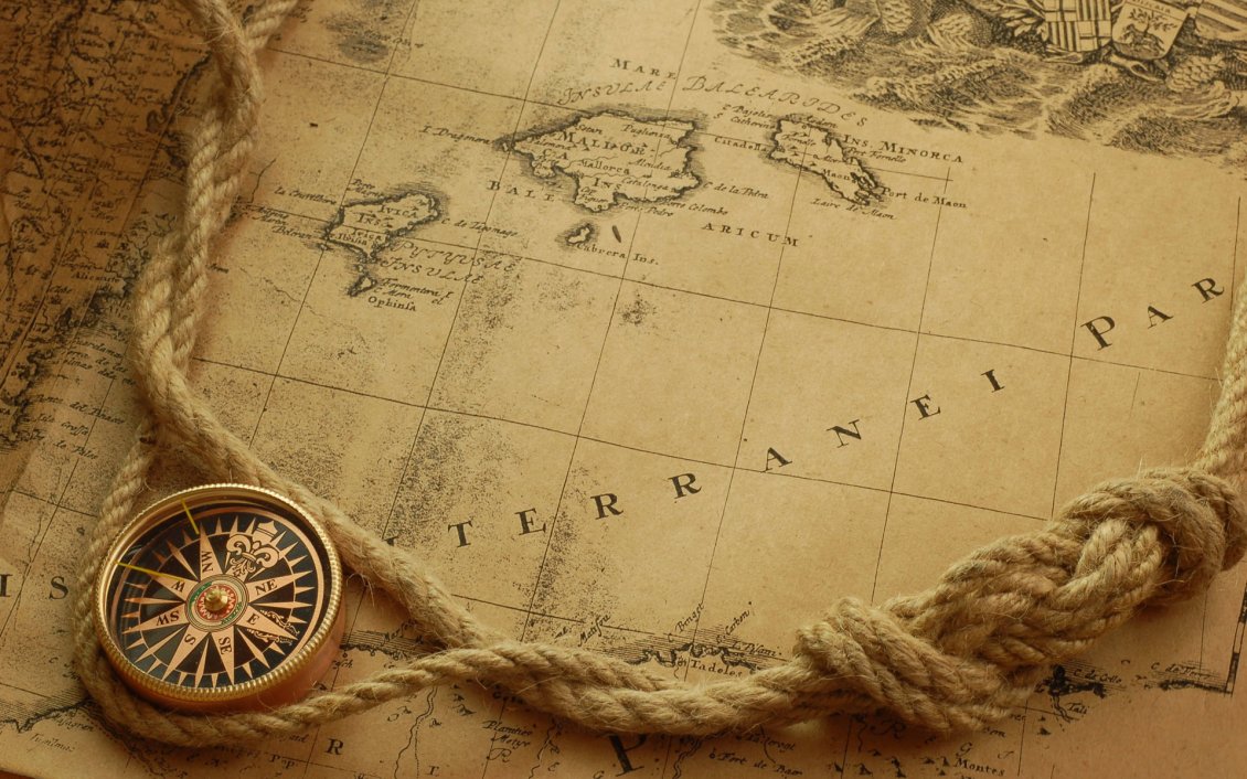 Download Wallpaper Antiquated Cartography, Old map and compass