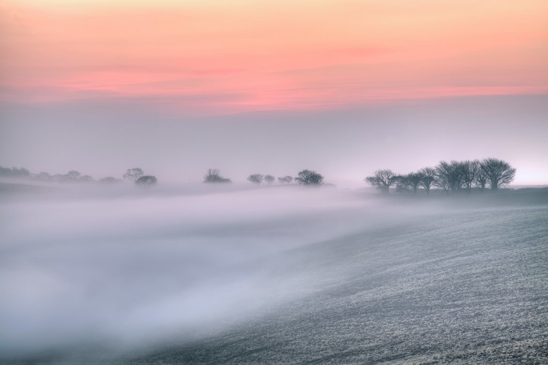 Download Wallpaper Thick fog on hillside & sunset HD