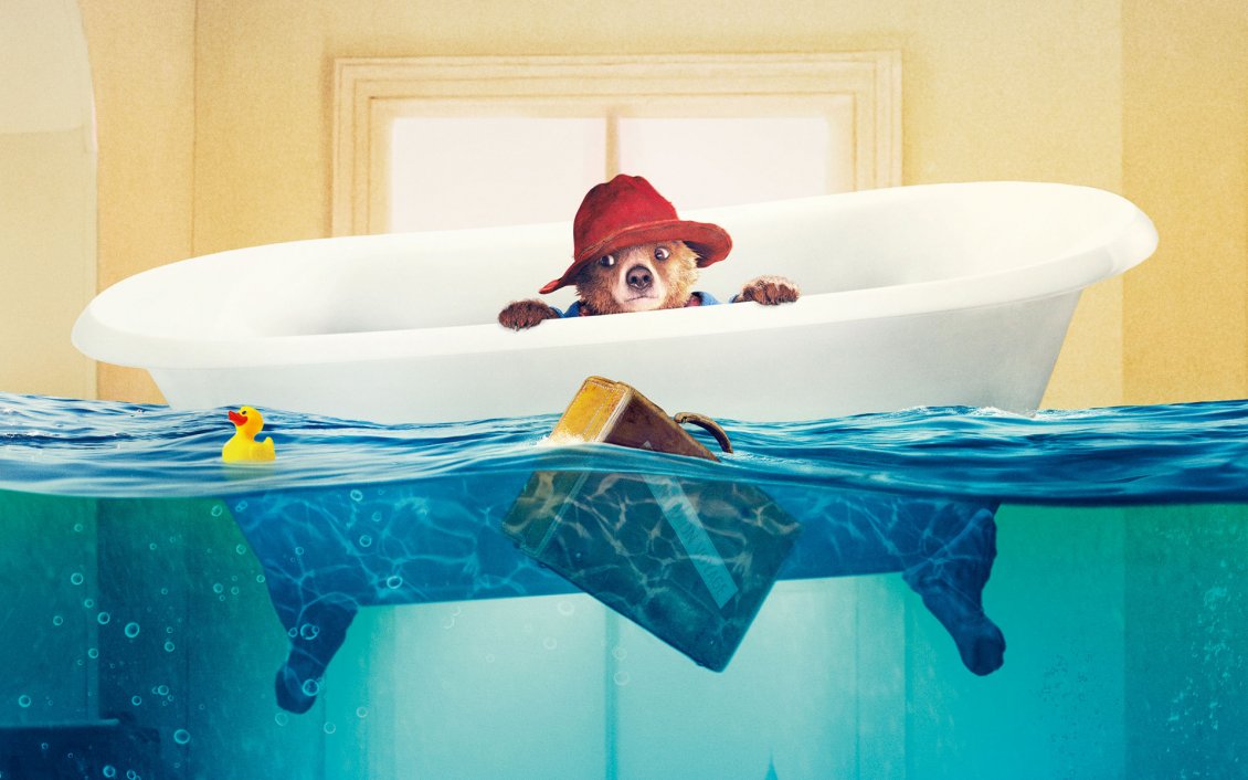 Download Wallpaper Paddington the bear with red hat, flooded bathroom