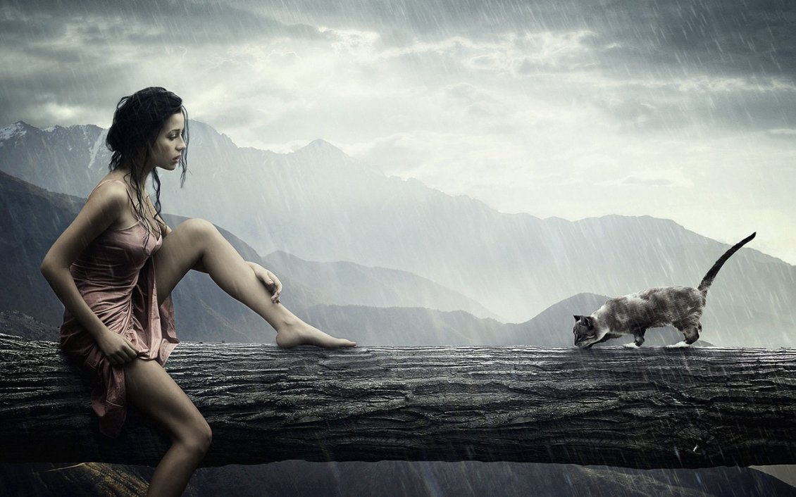 Download Wallpaper Girl and cat sitting in the rain