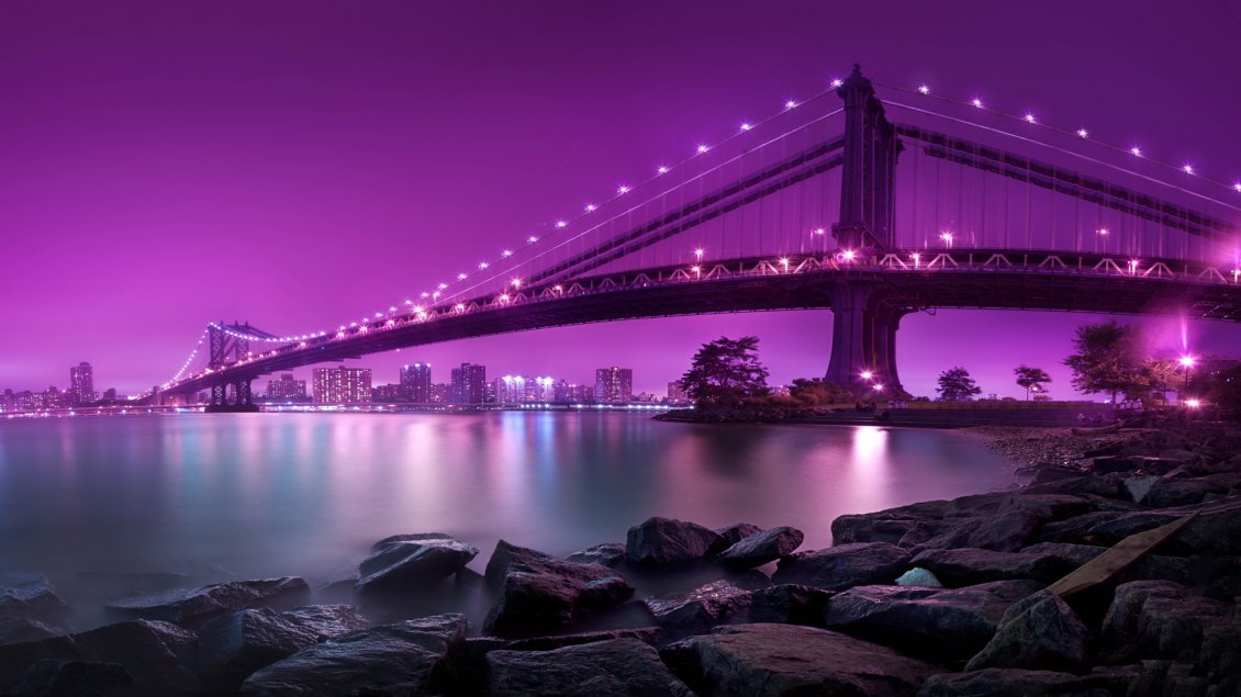 Download Wallpaper New York, Manhattan Bridge lit