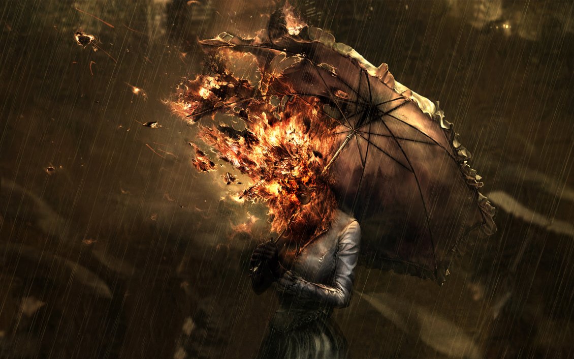 Download Wallpaper Burning woman with umbrella walking in the rain