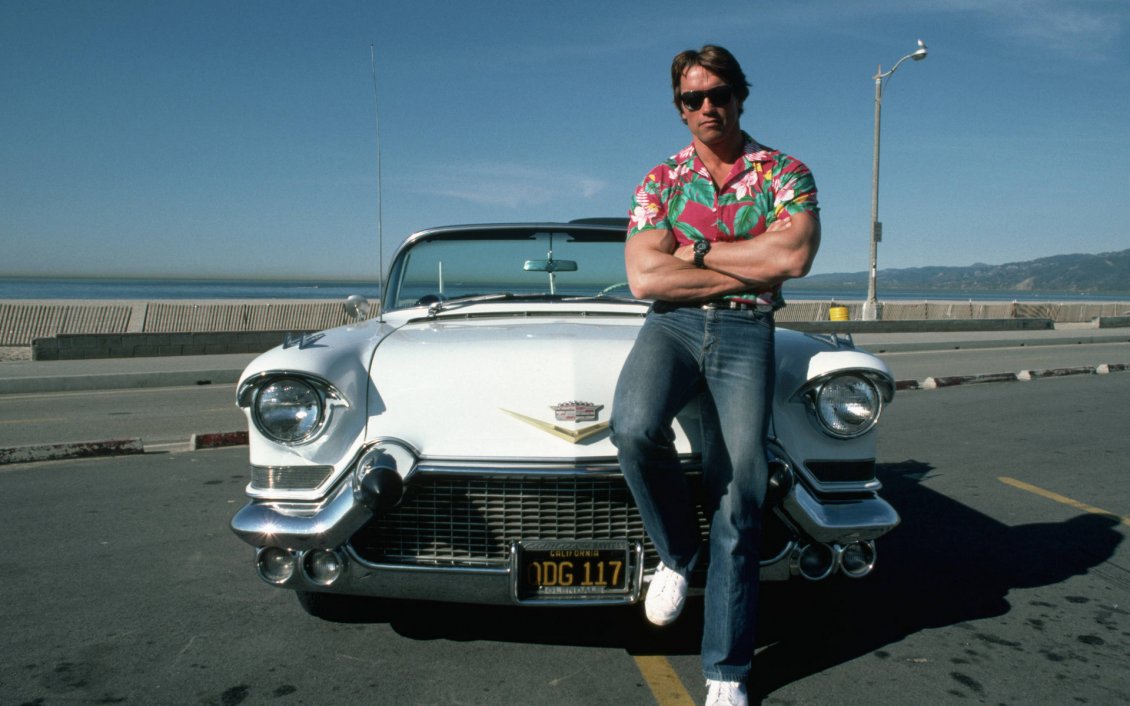 Download Wallpaper Arnold Schwarzenegger sit on a white car