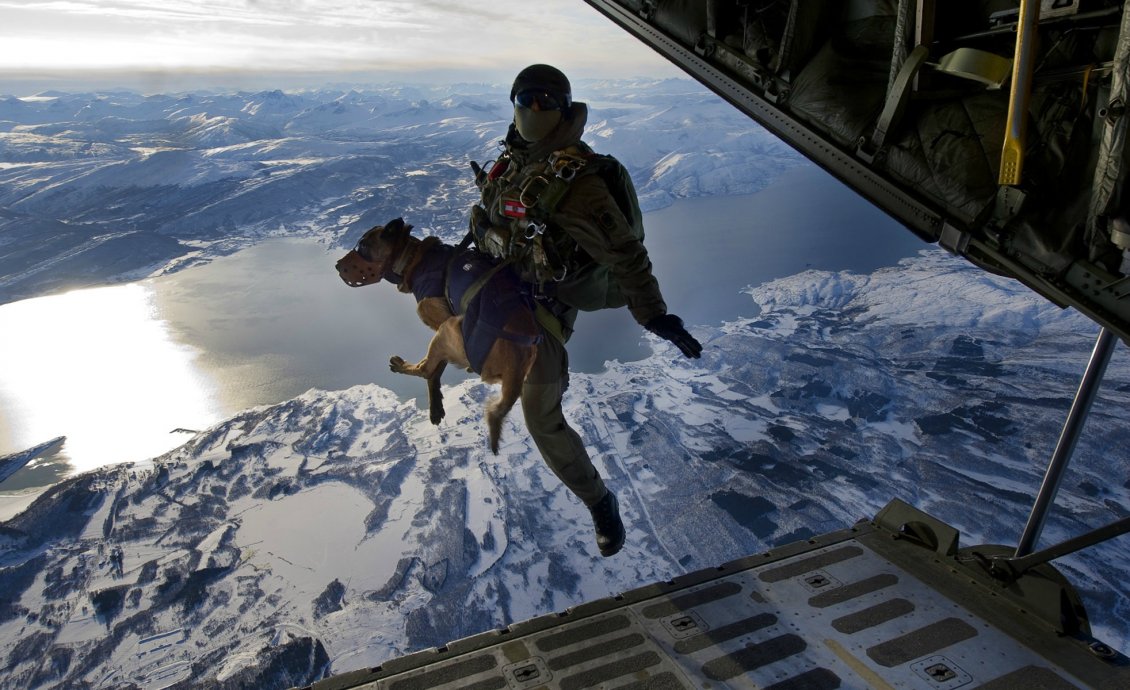 Download Wallpaper Soldier jumps from an airplane with a dog in her arms