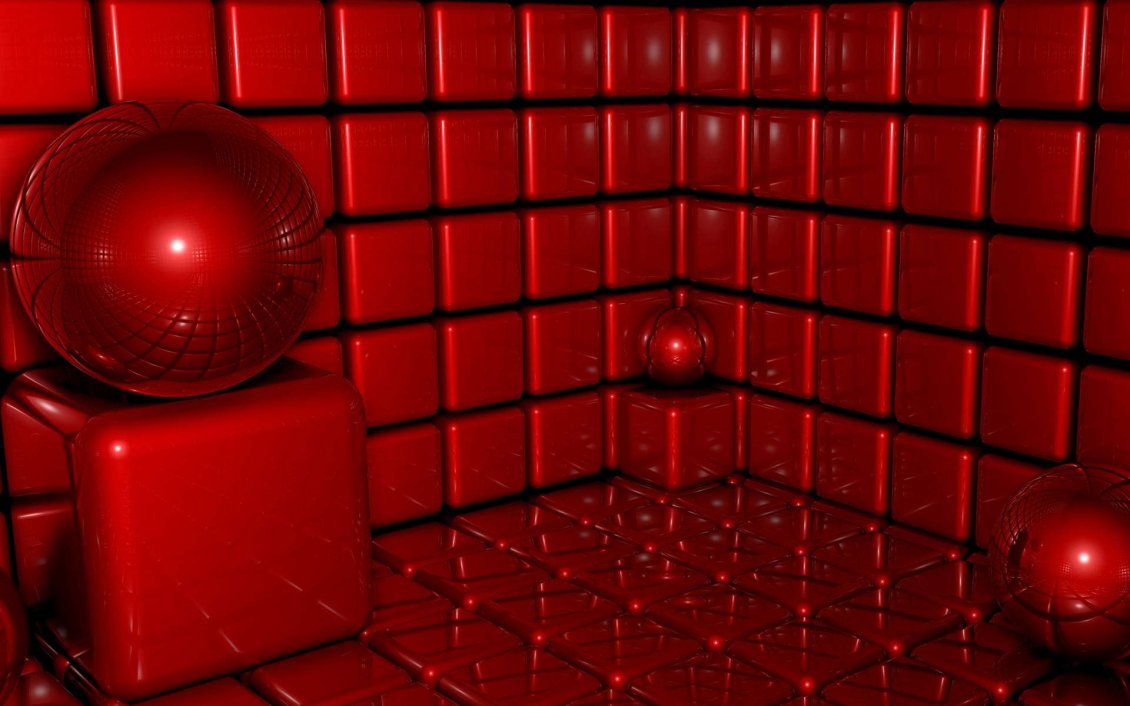 Download Wallpaper 3D red cubes and balls in the room
