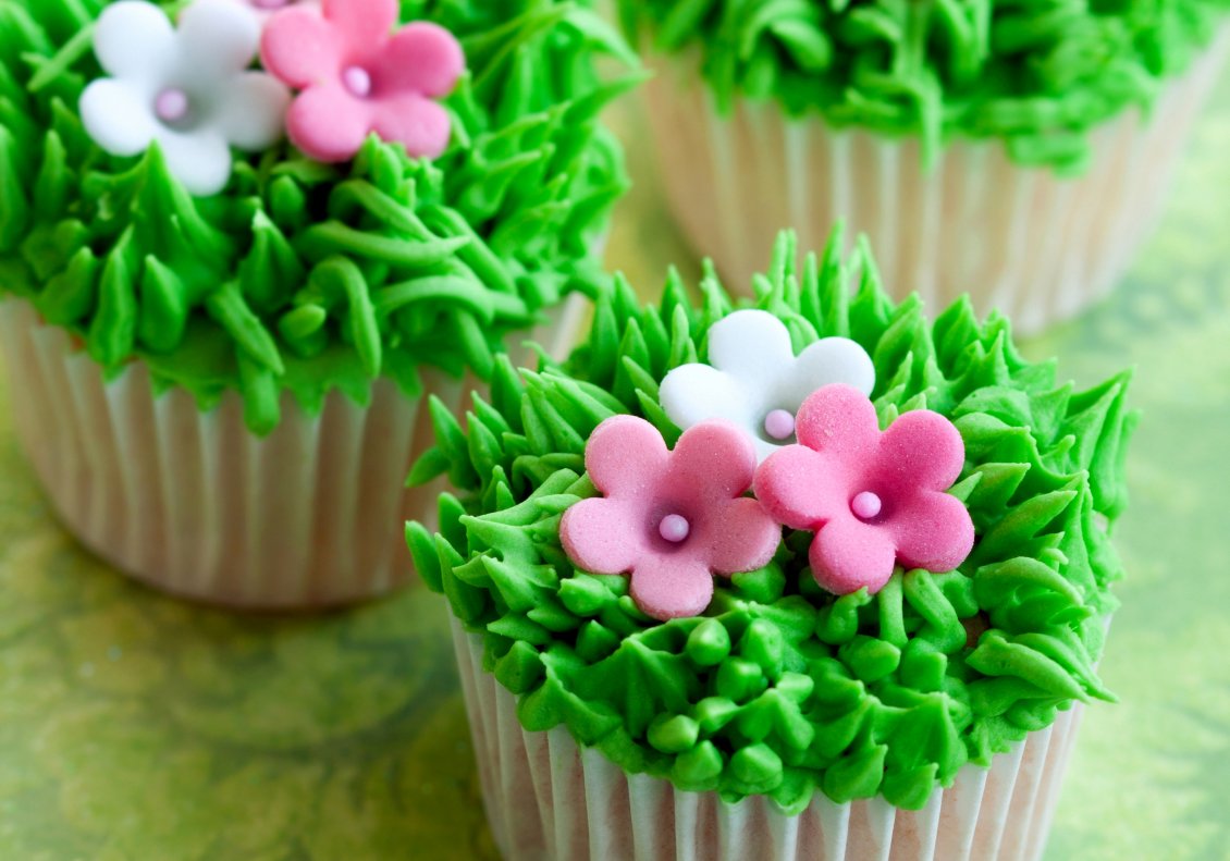 Download Wallpaper Muffins with grass and flowers arrangement