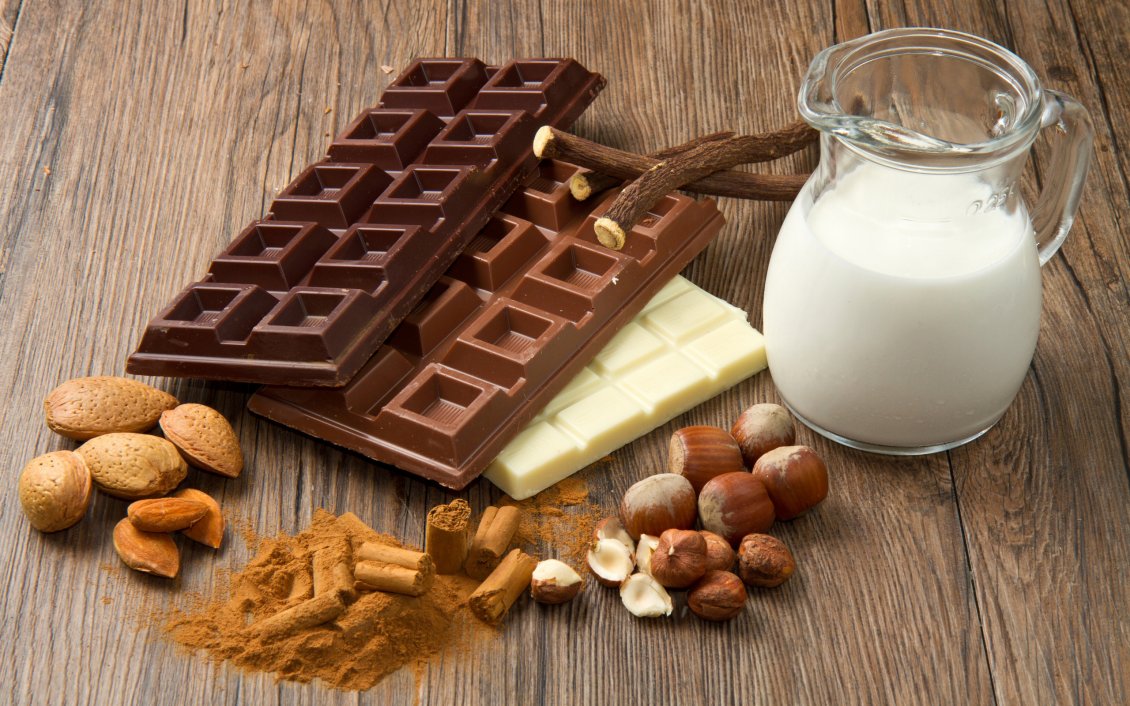 Download Wallpaper White and black chocolate with milk, cinnamon and peanuts
