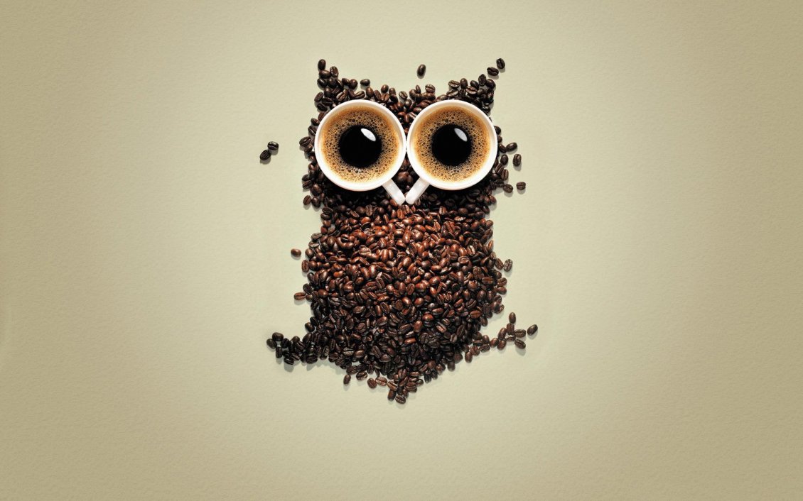 Download Wallpaper An owl made of coffee beans and eyes from a coffee cup
