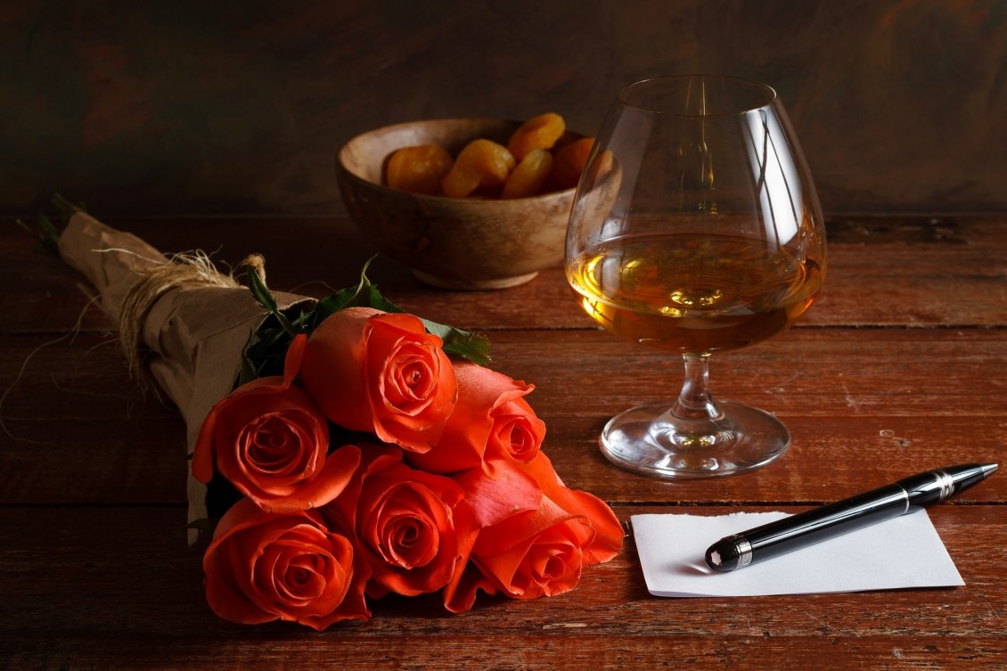 Download Wallpaper A roses bouquet besides a glass of wine and a ticket