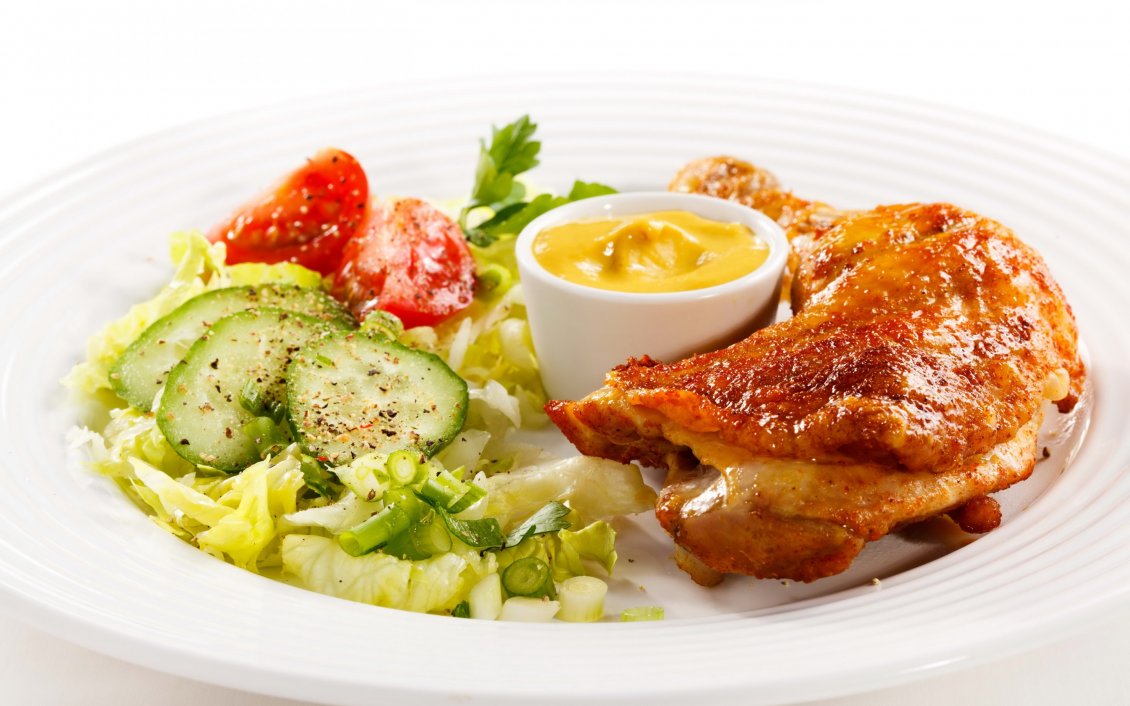 Download Wallpaper Chicken drumstick with sauce and salad