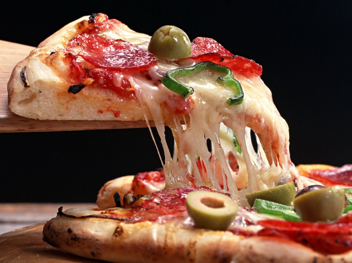 Download Wallpaper Hot cheese stretches slice of pizza