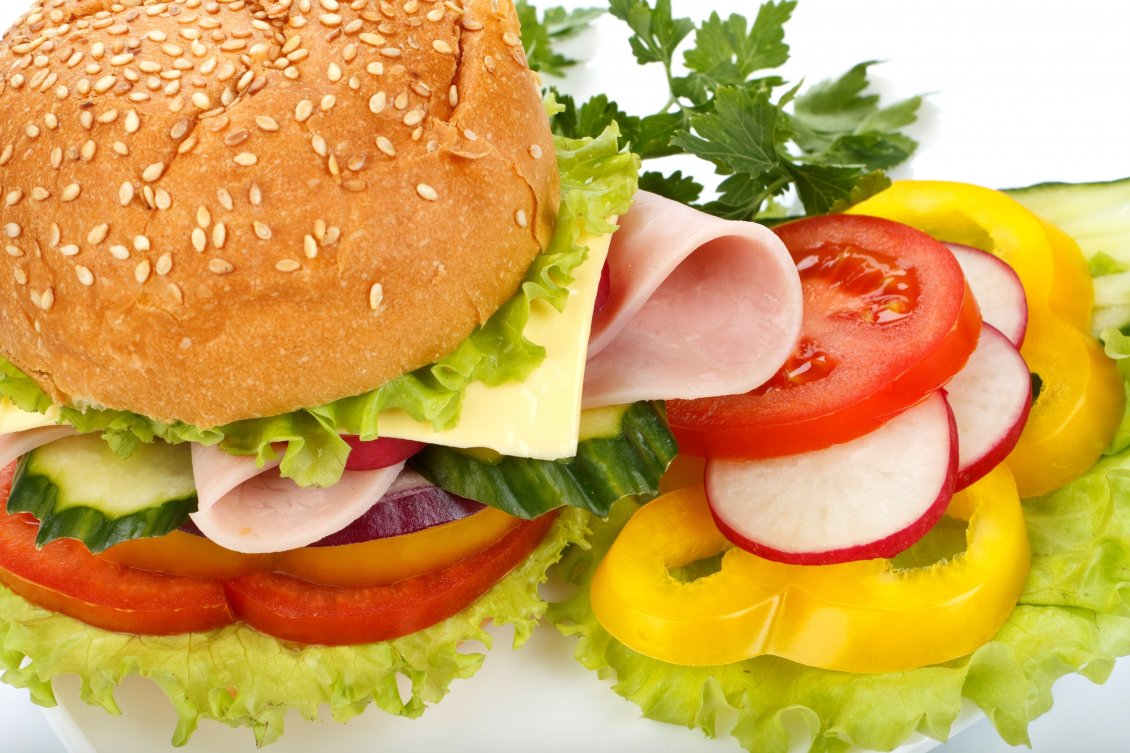 Download Wallpaper Sandwitch with ham, cheese and many vegetables