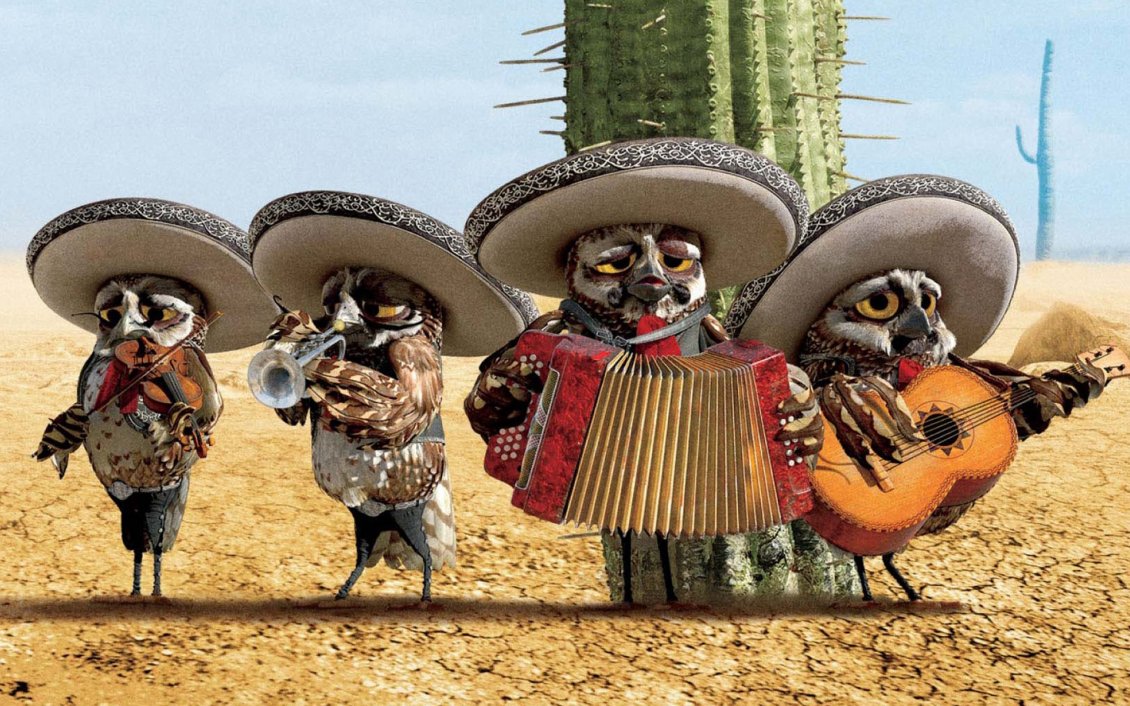 Download Wallpaper Rango movie - Four owls in a band in the desert