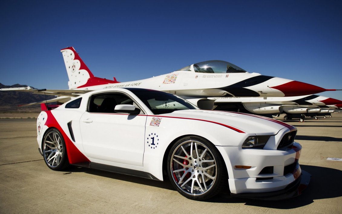 Download Wallpaper White and red Ford Mustang GT on the airport