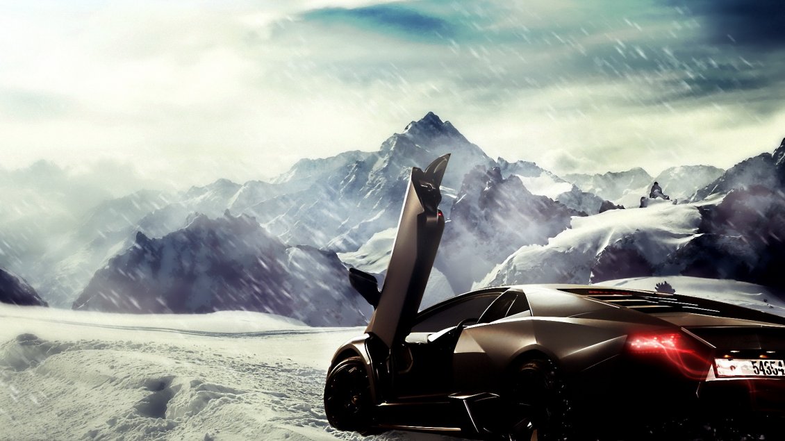 Download Wallpaper Brown Lamborghini in the snow between the mountains
