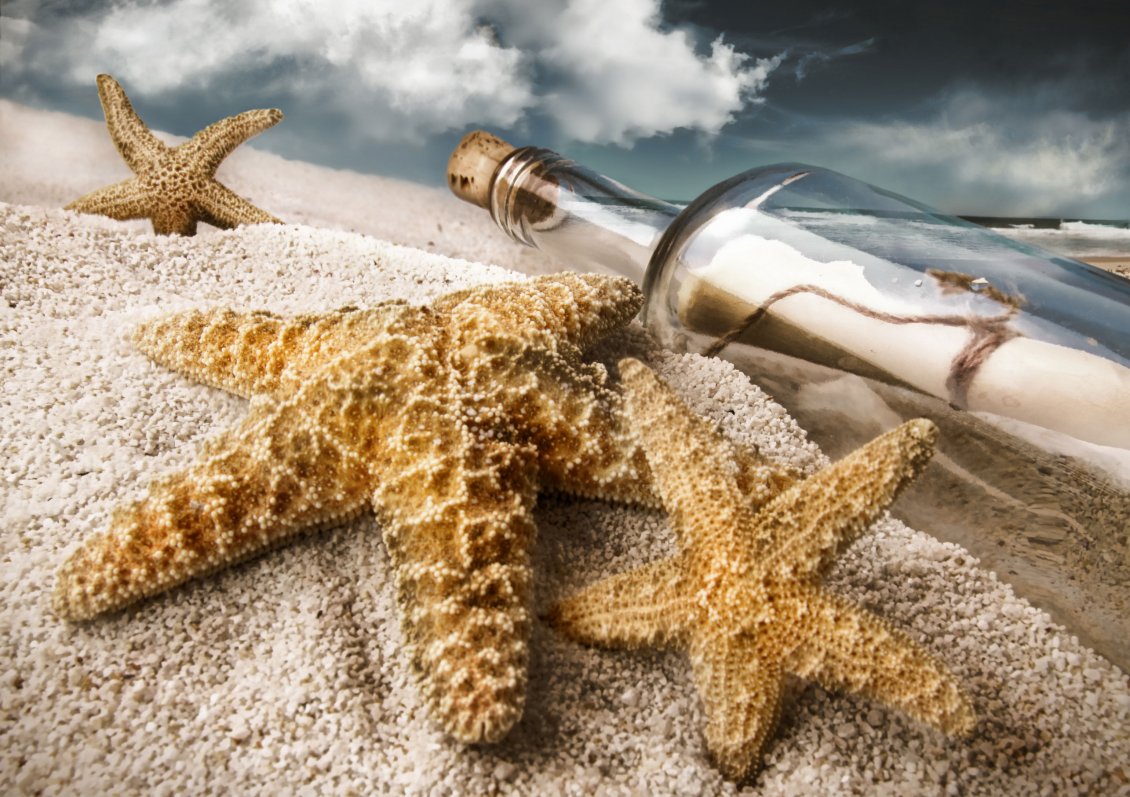 Download Wallpaper Starfish in the sand and a bottle with a message