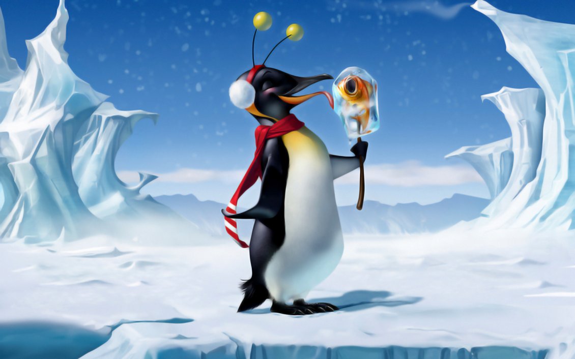 Download Wallpaper The penguins relishes an ice fish