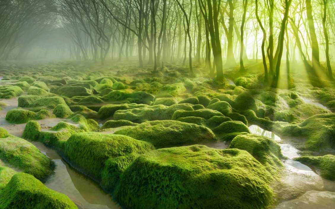 Download Wallpaper Green moss in the forest and the sunlight between branches