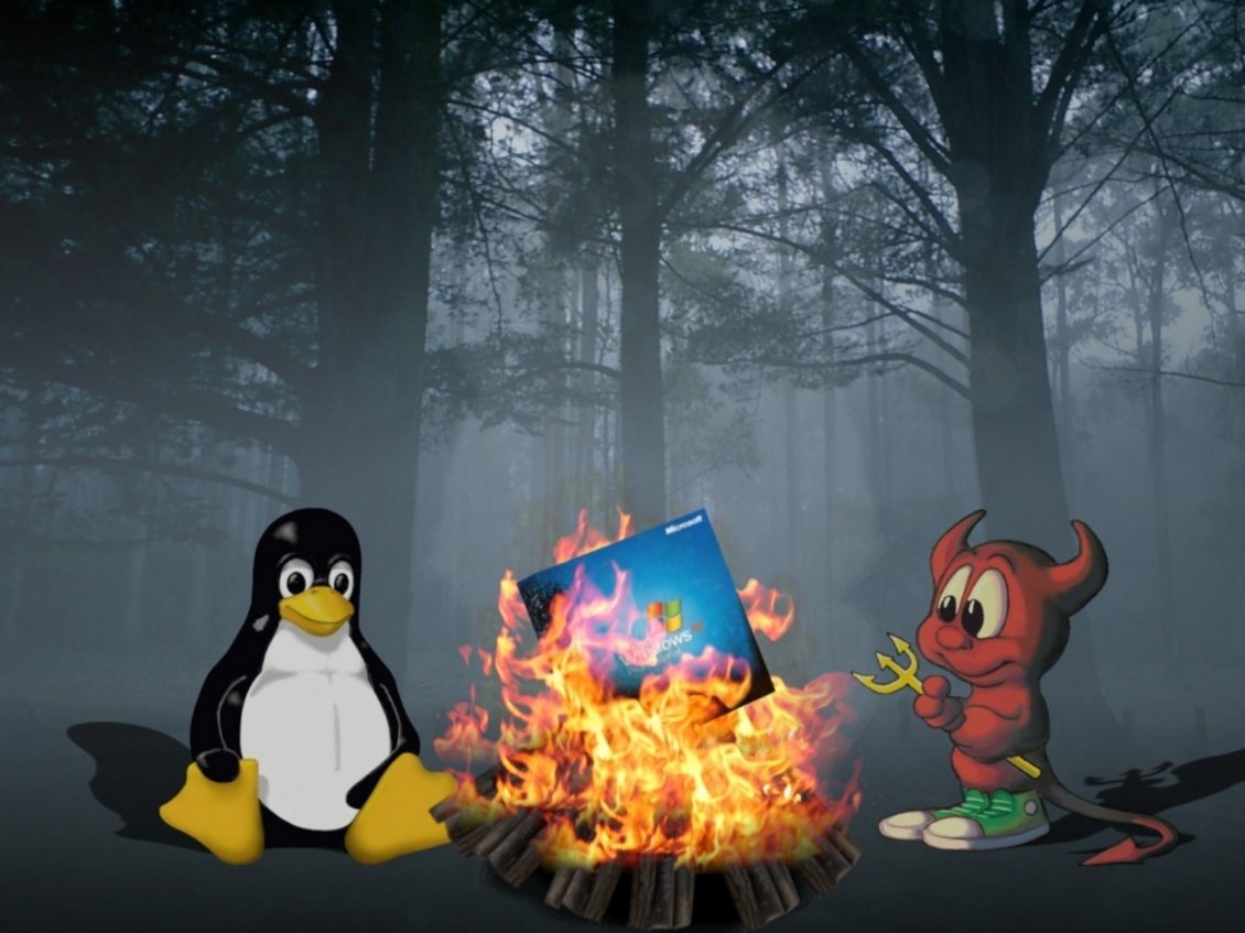 Download Wallpaper Linux and Unix lit windows logo in the forest