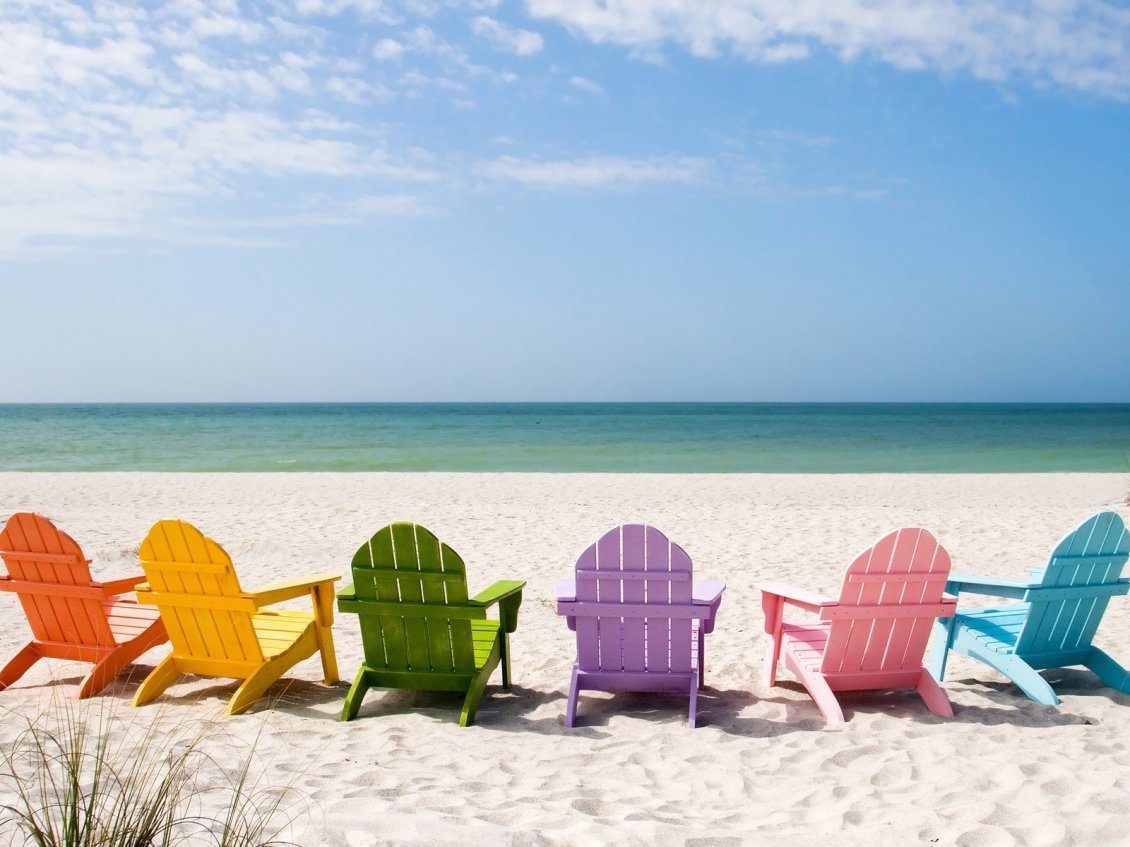 Download Wallpaper Chairs in the rainbow colors on the sand on beach