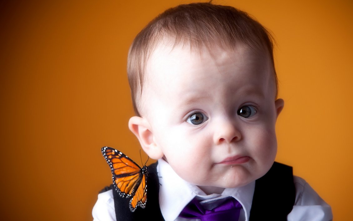 Download Wallpaper An orange butterfly on the shoulder of cute baby