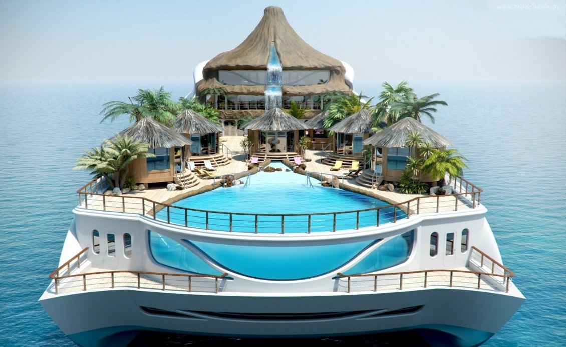 Download Wallpaper A luxury ship with pool and palms on sea