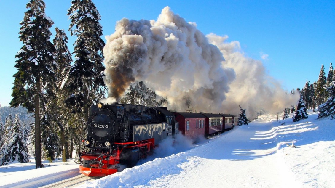 Download Wallpaper Black and red train on a winter day
