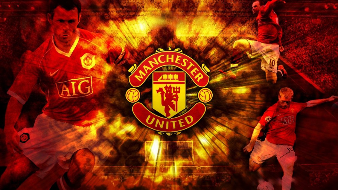 Download Wallpaper Manchester United Inscription and football background