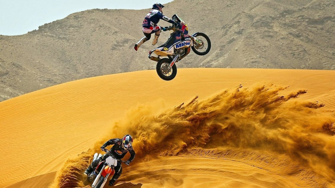 Download Wallpaper Two men with motocross in desert