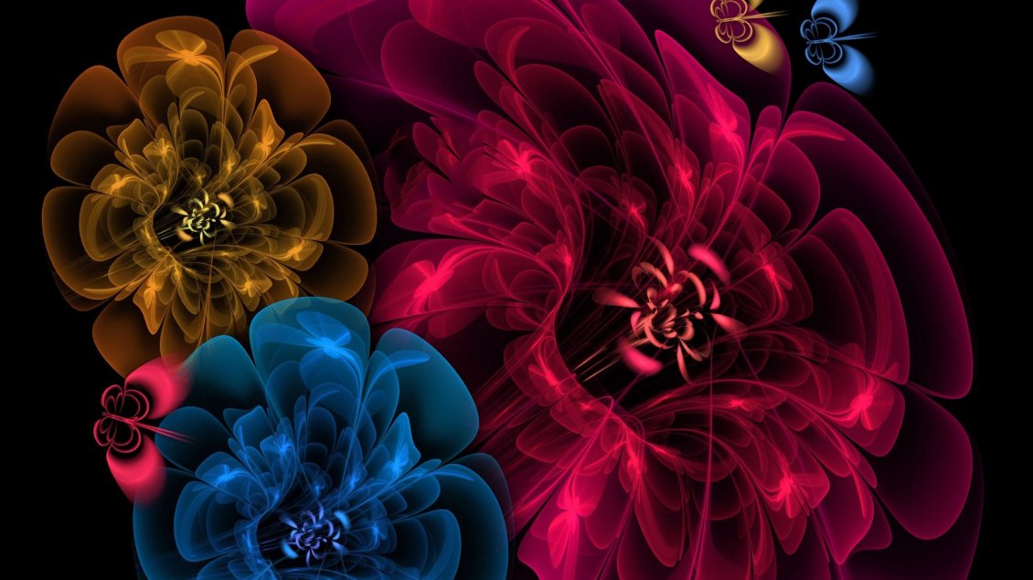 Download Wallpaper Red, yellow and blue flowers and butterflies