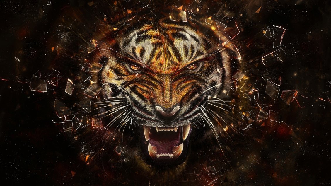 Download Wallpaper A nervous tiger broke the glass in many shards