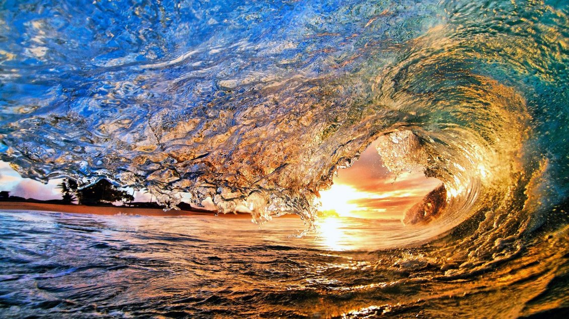 Download Wallpaper Tunnel made from a big wave of water into the sea