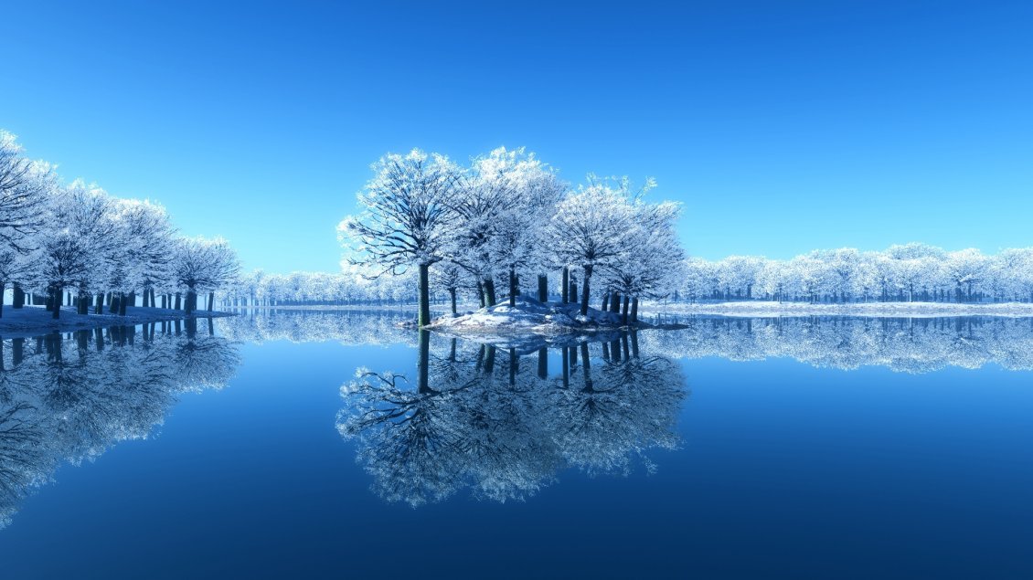 Download Wallpaper Island in the lake and frozen trees