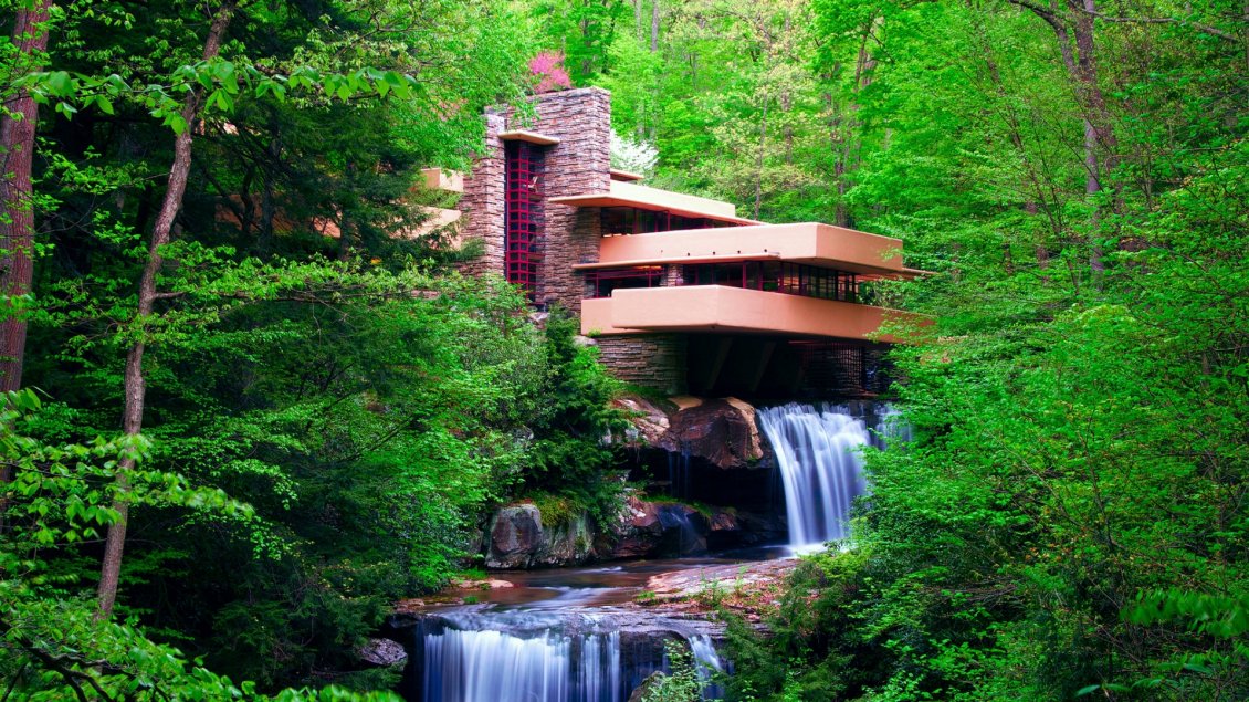 Download Wallpaper Building and waterfall in the green forest